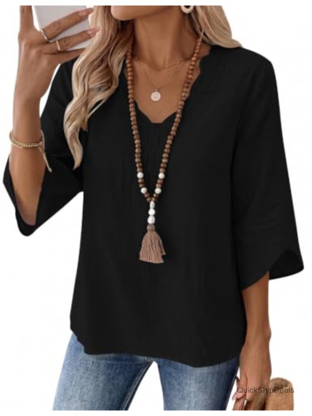 Womens Cotton Linen V Neck 3/4 Bell Sleeve Lace Tunic Boho Top Loose Fit